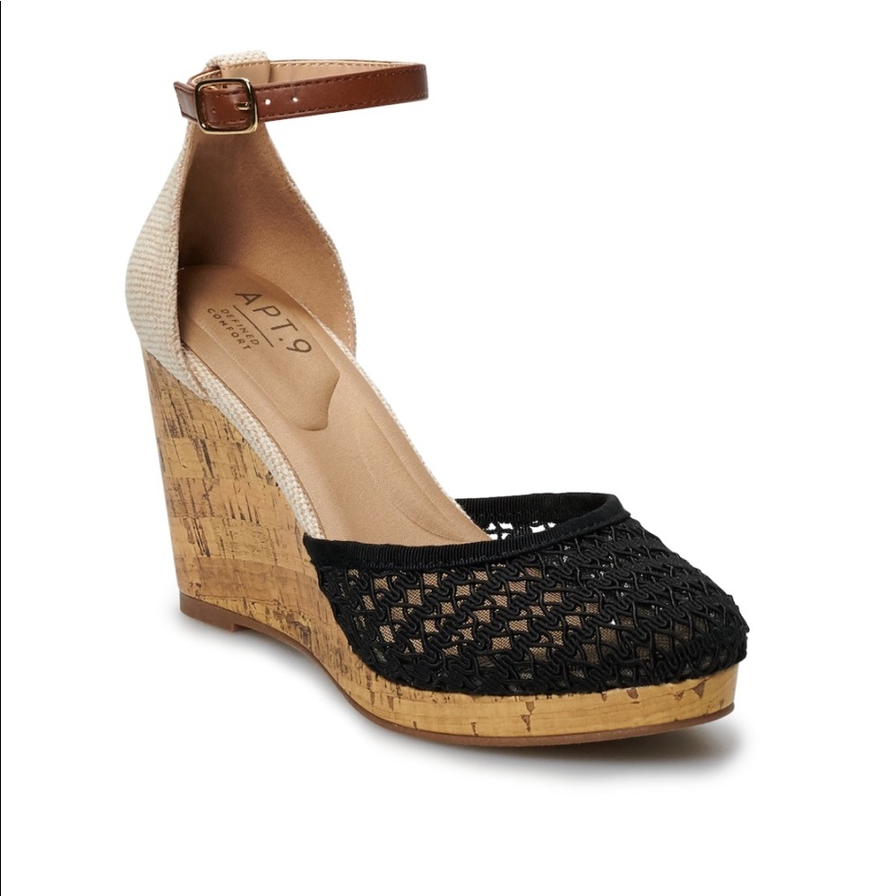 Black & Tan Wedges Espadrilles Lace Memory Foam - Picture 1 of 8